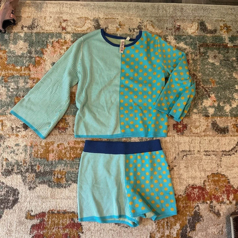 Blue floral and striped Dolan sweater and shorts set from Anthropologie A-11